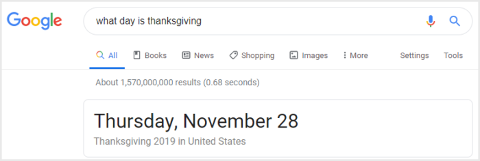 No Click Search Result Answering the Question What Day is Thanksgiving?