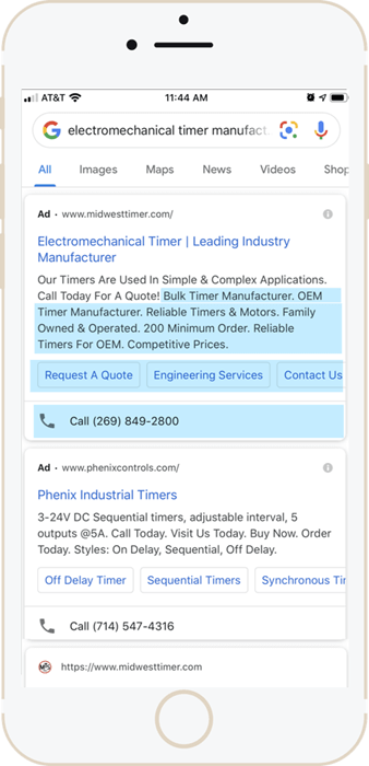 Ad featuring Callout Extensions, Scrolling Sitelinks and Call Extension