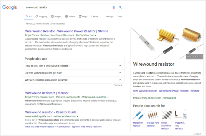 Search results with Rich Snippets highlighting the Definition of a wirewound resistor and People Also Ask