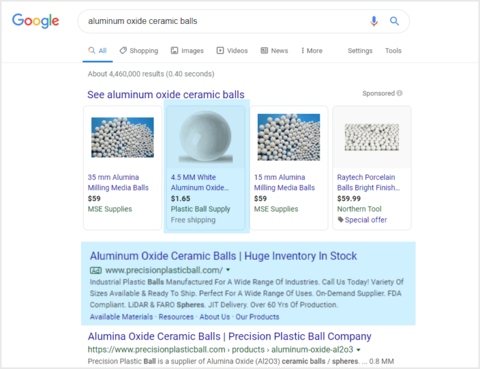 Google Shopping Ads featured above Text Ads
